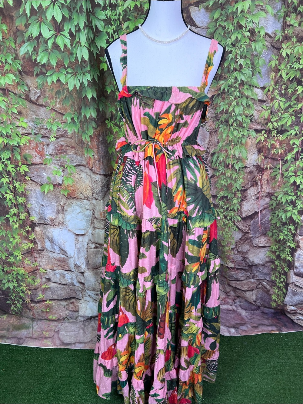 FARM RIO Pink Cocoa Forest Botanical Resortwear Tiered Maxi Dress, L - Picture 2 of 13